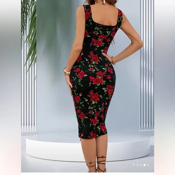 Floral Black and Red Bodycon Dress/ stretchy/Comfortable/ Slim Fit - Picture 2 of 4